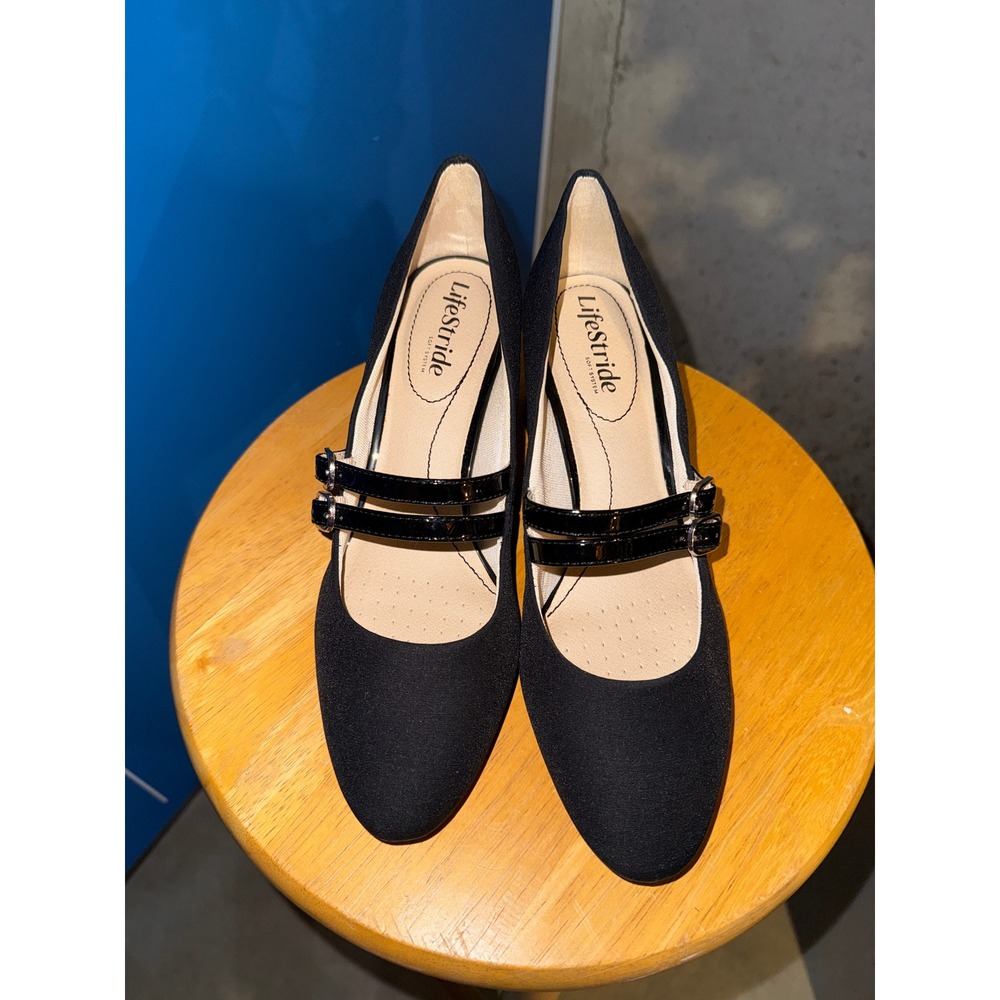 LifeStride Soft System Mary Jane Pumps True Black Double Strap Block Heel 9M